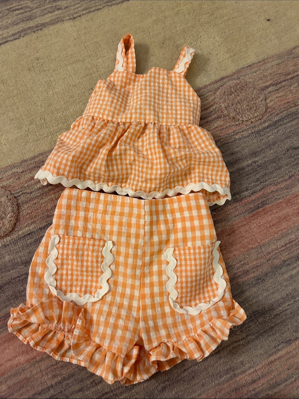 Rare Editions Orange Gingham Two-Piece Set with Cream Trim